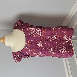 ELLE Floral Print Pleated Flutter Cap Sleeve Professional Casual Sleeveless Top